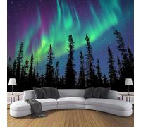 CDXNORA Night Scenery 3D Effect Photo Wallpaper 350×256cm Aurora Borealis Trees Mural Panoramic Wall Green Purple Large Panoramic Photo Wallpaper for Living Room, Bedroom, Office and Kids Room