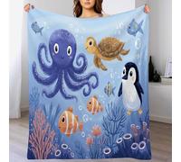CDXNORA Octopus Sea Turtle Penguin Print Blanket, Super Soft Flannel Cartoons Animals Throw Blankets, Warm Fluffy Blue Blankets, for Crib Bed Couch Chair Living Room Travel Outdoor 220x240 cm