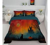 CDXNORA Orange Color Bedspread Single, Black Cat Castle Print Quilted Coverlet 3pcs for Adults Teens Room Decor, Halloween Eerie Soft Breathable Bedspreads Bedding for Bedroom Decor Quilt 140x200 cm