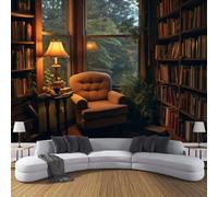 CDXNORA Photo Wallpaper Brown 300×210cm Retro Waterproof Silk Wall Mural House Corner Bookshelf Print Decoration for Bedroom Living Room Kitchen TV (Not Self-Adhesive)