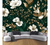 CDXNORA Photo Wallpaper Green 350×256cm Elegant Flowers Silk Wall Mural Decoration White Flower Gold Leaf Plant Print Poster Picture Design Modern Living Room Kitchen Bedroom Wall Mural