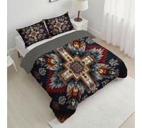 CDXNORA Quilted Coverless Duvet for King Size, Easy Care Geometry Totem Printed Quilt Set with Pillowcases, Soft Lightweight Traditional Ethnic Style for All Season Colorful Quilted Quilt 240x220 cm