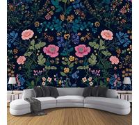 CDXNORA Retro FlowersPhoto Wallpaper 150×105cm - Dark Blue Wall Mural Deco Premium Silk Wildflowers Print Wallpaper for Living Room - Home Decoration Bedroom Kitchen Wall Paper