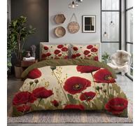 CDXNORA Retro Pastoral Flowers Duvet Cover Set, 135x200cm | Poppy Fields Bedding Set with 1 Pillowcase, Single Microfiber Bed Set for Kids Boys Girls Adults Bedroom Decor, Red