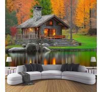 CDXNORA Rural Landscape Panoramic Wallpaper Mural, 200×140cm Wall Poster Forest Cabin Photo Wallpaper 3D Effect,Green Orange Silk Mural - Poster Decoration for Bedroom Living Room Corridor