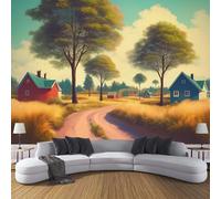 CDXNORA Rural Landscape Panoramic Wallpaper Mural, 400×280cm Wall Poster Village Trees Road Photo Wallpaper 3D Effect,Green Silk Mural - Poster Decoration for Bedroom Living Room Corridor