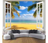 CDXNORA Seaside View Silk Wallpaper Murals, Blue Yellow Bedroom Wallpaper, Beach Palm Trees Outside The Window Wall Paper for Living Room, Not Self Adhesive Wall Paper, Large Mural 350×256cm