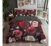 CDXNORA Single Duvet Cover Sets - Retro Dark Floral Bedding Set with 1 Pillowcases | Ultrasoft Microfiber Red White Roses Quilt Cover with Zipper Closure, 135x200cm
