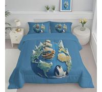 CDXNORA Single Duvet - Penguin World Map Printed Comforter Blue Bedspreads, Coverlets & Sets, 1 Pillowcases Warm and Anti Allergy All Season Simple Cartoon Coverless Duvet, Throws For Bed 140x200 cm