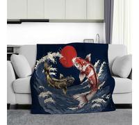 CDXNORA Soft Koi Ocean Waves Print Throw Blanket, Japanese Ukiyo-E Style Lightweight All Season Flannel Blankets, Warm Plush Breathable Dark Blue Blanket for Sofa and Bed 70x100 cm