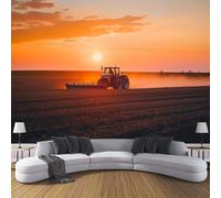 CDXNORA Spring Ploughing Scenery 3D Effect Photo Wallpaper 350×256cm Tractor Plowing Field Sunset Mural Panoramic Wall Orange Large Panoramic Photo Wallpaper for Living Room, Bedroom, Office