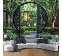 CDXNORA Traditional Architecture 3D Effect Photo Wallpaper 350×256cm Fences Green Plants Trees Mural Panoramic Wall Green Large Panoramic Photo Wallpaper for Living Room, Office and Kids Room