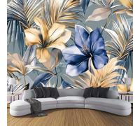 CDXNORA Tropical Plants Panoramic Wallpaper Mural, 350×256cm Wall Poster Palm Leaf Flowers Photo Wallpaper 3D Effect,Blue Gold Silk Mural - Poster Decoration for Bedroom Living Room Corridor