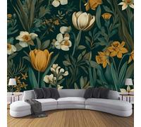 CDXNORA Vintage WildflowersPhoto Wallpaper 150×105cm - Dark Green Wall Mural Deco Premium Silk Tulips and Daffodils Print Wallpaper for Living Room - Home Decoration Bedroom Kitchen Wall Paper