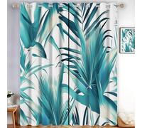 CDXNORA Watercolor Plants Blackout Curtains, Teal And Green Palm Leaves Printed Thermal Insulated Blackout Curtains Window Treatment Eyelet for Bedroom,White Blue 66 x 72 Inch, 2 Panels