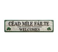 Cead Mile Failte Sign With Shamrocks Retro Metal Tin Sign, Vintage Wall Decor, Metal Poster for Home, Bar, Cafe, Man Cave, Garage 4 × 16 Inch