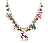 CEALXHENY Christmas Necklaces Festive X-Mas Jingle Bell Necklace for Women Girls Statement Chunky Deer Snowman Tree Snowflake Pendant Necklaces (Silver)