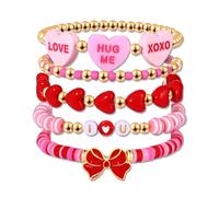 CEALXHENY Valentine’s Day Bracelets for Women LOVE XOXO Conversation Heart Bracelets Stackable Red Pink Friendship Heishi Beaded Stretch Bracelets Valentine’s Day Jewelry Gifts, L, no gemstone