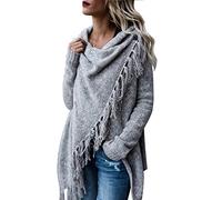 CEASIKERY Women's Tassel Hem Long Cardigan Knitwer Pullover Poncho Coat Sweater, Light Gray, (US) Large
