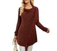 CEASIKERY Women's Tassel Hem Sweater Long Cardigan Knitwer Pullover Poncho Coat Red Brown