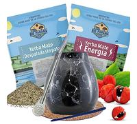 Cebador Yerba Mate Set - Accessories with Rio Parana Samples 2x50g | Traditional Smoked Yerba Mate Tea Cup Set with Drinking Straw | Argentinian Tea with Calabash and Bombilla