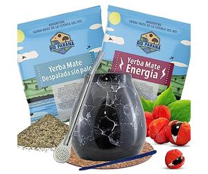 Cebador Yerba Mate Set - Accessories with Rio Parana Samples 2x50g | Traditional Smoked Yerba Mate Tea Cup Set with Drinking Straw | Argentinian Tea with Calabash and Bombilla