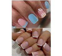 Ceboic 2 Packs (48 Pcs) Press on Nails Short, Square False Nails Reusable Full Cover Acrylic Fake Nails with Adhesive Tabs, Pink Glitter & Flowers Designs Stick on Nails Set for Women Girls Nails Art