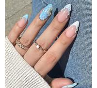 Ceboic 24 Pcs Blue French False Nails Medium Long Full Cover Fake Nails with Shells & Waves Designs Glossy Glue on Nails Artificial Acrylic Stick on Nail for Women Girls Manicure Decoration