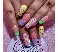 Ceboic 24 Pcs False Nails Medium Length, Coffin Colorful Press on Nails French Tips Fake Nails, Glossy Acrylic Stick on Nail with Flame and Smiley Designs for Women and Girls Nail Art