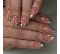 Ceboic 24 Pcs French False Nails, Short Almond Glossy Silver Fake Nails with Glue Stickers, Acrylic Full Cover Press on Nails Artificial Stick on Nail for Women & Girls Manicure Decoration