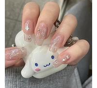 Ceboic 24 Pcs French Tip False Nails Short, Square Press on Nails Ballet Glossy Fake Nails with Designs, Removable Acrylic Full Cover Stick on Nail for Women and Girls (Butterfly and Rhinestones)