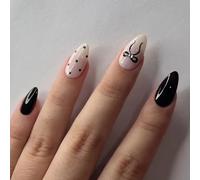 Ceboic 24 Pcs French Tip Press on Nails Medium Long Black White Almond Fake Nails With Polka Dot & Bow Designs - Natural Reusable Glue on Nails Cute Ballerina Stick on Nail for Women Girls