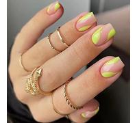 Ceboic 24 Pcs Square Short False Nails, French Tips Press on Nails Acrylic Full Cover Fake Nails, Glossy Removable Stick on Nails with Glue Sticker for Women and Girls (Yellow Waves)