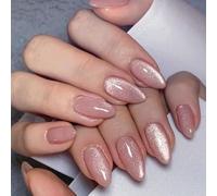 Ceboic 24pcs Almond False Nails, Nude Pink French Press On Nails Medium, Shiny Full Cover Acrylic Removable Elegant Stick On Nails for Women & Girls Nail Art - Pink Cat Eyes