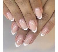 Ceboic 24Pcs Almond False Nails Short, Nude Pink French Tip Press on Nails, Artificial Acrylic Fake Nails, Natural Removable Stick on Nail with Adhesive Tabs for Women and Girls Art Manicure