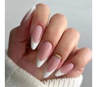 Ceboic 24Pcs Almond Press on Nails Long, Nude Pink French Glossy False Nails, Rhinestones Design Fake Nails with Jelly Glue, 12 Sizes Stiletto Full Cover Acrylic Stick on Nails for Women Girls