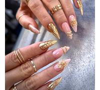 Ceboic 24Pcs Almond Press on Nails Medium Length, 3D Flowers False Nails with Designs, Pink Gold Luxury Acrylic Fake Nails, Removable Full Cover Stick on Nail for Women Girls Nail Art Decorations