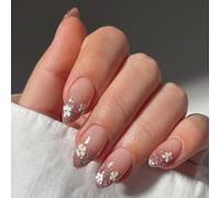 Ceboic 24Pcs Almond Press on Nails Medium, Silver Glitter Nude French Tip False Nails with Flower Design, Reusable Fake Nails Full Cover Glue on Nail Acrylic French Manicure Kit for Women Girls