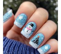 Ceboic 24Pcs Blue Christmas False Nails, Xmas Tree French Tip Fake Nails Medium Square, Snowman Snowflake Glue on Nails, Acrylic Full Cover Reusable Stick on Nail for Women Girls Holiday Decoration