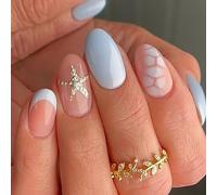 Ceboic 24Pcs Blue French Tip False Nails, Almond Press on Nails Medium, Acrylic Artificial Fake Nails with Star Design, Removable Elegant Stick on Nail for Women Girls Holiday Wedding Party Wear