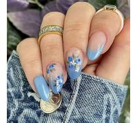 Ceboic 24Pcs Blue Press on Nails Almond Medium, French Tip False Nails with Flowers Design, Ombre Acrylic Fake Nail Set, Artificial Natural Reusable Glue on Nails for Women and Girls Finger Decoration