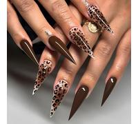 Ceboic 24Pcs Brown French False Nails, Long Almond Press on Nails with Leopard Design, Stiletto Acrylic Full Cover Fake Nail, Natural Reusable Glue on Nails for Women Girls Manicure Decorations