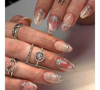 Ceboic 24Pcs Cat Eye Press on Nails Almond Medium, Nude Pink Gradient False Nails, Glitter French Fake Nails with Silver Edges, Luxury Full Cover Stick on Nail for Women and Girls DIY Nail Art