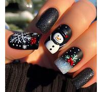 Ceboic 24Pcs Christmas Black Press on Nails, Glossy Square False Nails Medium Length, French Snowman Snowflake Fake Nails, Acrylic Full Cover Reusable Stick on Nail for Women Girls Holiday Wear