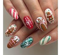 Ceboic 24Pcs Christmas Chocolate House False Nails, French Press on Nails Short Oval, Cute Gingerbread Man Snowflakes Glue on Nail, Glitter Acrylic Fake Nail, Natural Reusable Stick on Nails for Women