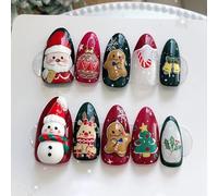 Ceboic 24Pcs Christmas Fake Nails Medium Almond, Red Green Press on Nails, Cute Santa Claus Snowman False Nail, Elk & Gingerbread Man Glue on Nail, Acrylic Full Cover Stick on Nails for Women Girls