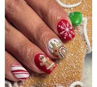 Ceboic 24Pcs Christmas False Nails Short Square Press on Nails with Cute Gingerbread Man Snowflake Design Acrylic Full Cover Stick on Nails Natural Xmas Glue on Nail for Women Holiday Nail Decoration