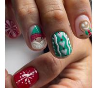 Ceboic 24Pcs Christmas False Nails Short Square Press on Nails with Santa Claus & Gingerbread Man Design Red Green French Fake Nails Glossy Glue on Nails Xmas Winter Stick on Nails for Women Girls