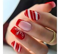 Ceboic 24Pcs Christmas French False Nails Medium Square, Red and White Stripes Press on Nails, Natural Glossy Snowflakes Fake Nails, Winter Acrylic Full Cover Glue on Nail for Women Holiday Manicure