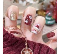 Ceboic 24Pcs Christmas French False Nails Short Square, Red Gold Glitter Press on Nails, Cute Reindeer Acrylic Fake Nails with Glue Stickers, Autumn Winter Reusable Stick on Nails for Women and Girls